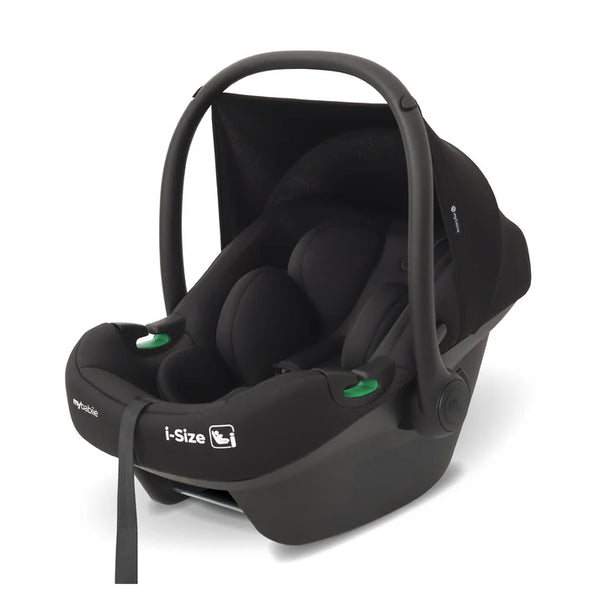 Black mybabiie i-size infant car seat with green accent buttons and padded interior from my babiie mb220 travel system