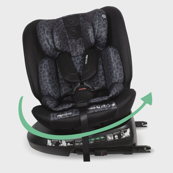 My babie mbcs200 spin r129 convertible car seat in black and gray leopard print with rotating base and top tether