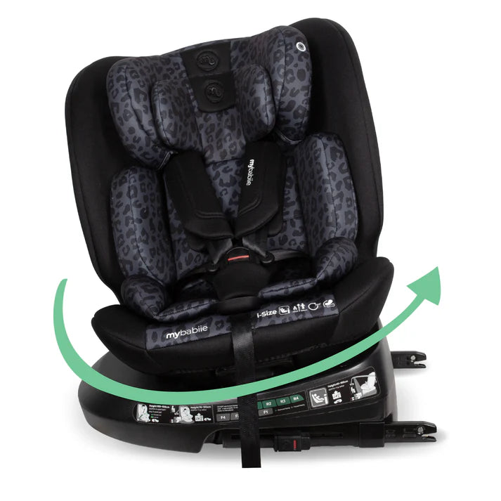 My Babiie MBCS200 spin R129 convertible car seat in black and gray leopard print with sleek modern design and top tether