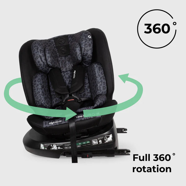 Black and gray leopard-print mybabiie mbcs200 spin r129 convertible car seat with 360-degree rotation and top tether