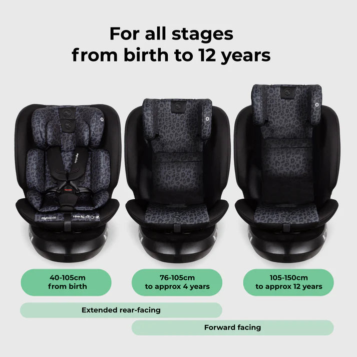 My Babiie MBCS200 Spin R129 Car Seat with Top Tether - Black Leopard