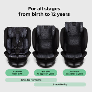 Black and gray leopard-print my babiie mbcs200 spin r129 convertible car seat with top tether for children birth to 12 years