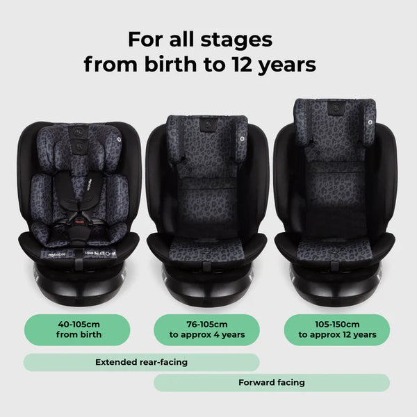 Black and gray leopard-print my babiie mbcs200 spin r129 convertible car seat with top tether for children birth to 12 years
