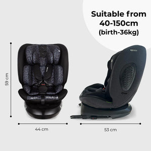 Mybabiie mbcs200 spin r129 convertible car seat in black and gray leopard print with top tether and modern design