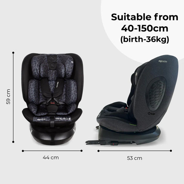Mybabiie mbcs200 spin r129 convertible car seat in black and gray leopard print with top tether and modern design