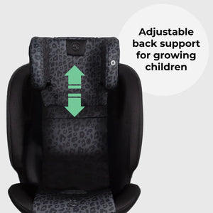 My Babiie MBCS200 spin R129 black leopard convertible car seat with adjustable back support for growing children