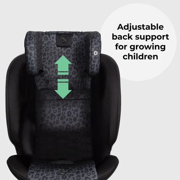 My Babiie MBCS200 spin R129 black leopard convertible car seat with adjustable back support for growing children
