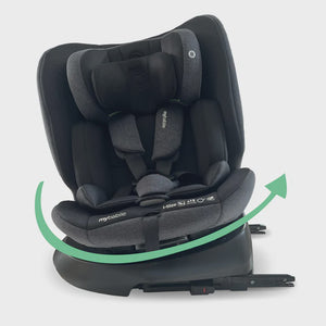 My Babiie MBCS200 spin R129 convertible car seat in black and gray fabric with adjustable headrest and top tether