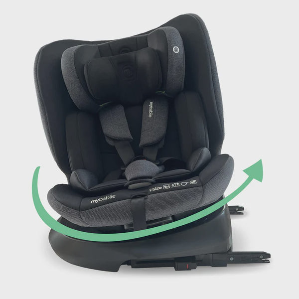 My Babiie MBCS200 spin R129 convertible car seat in black and gray fabric with adjustable headrest and top tether