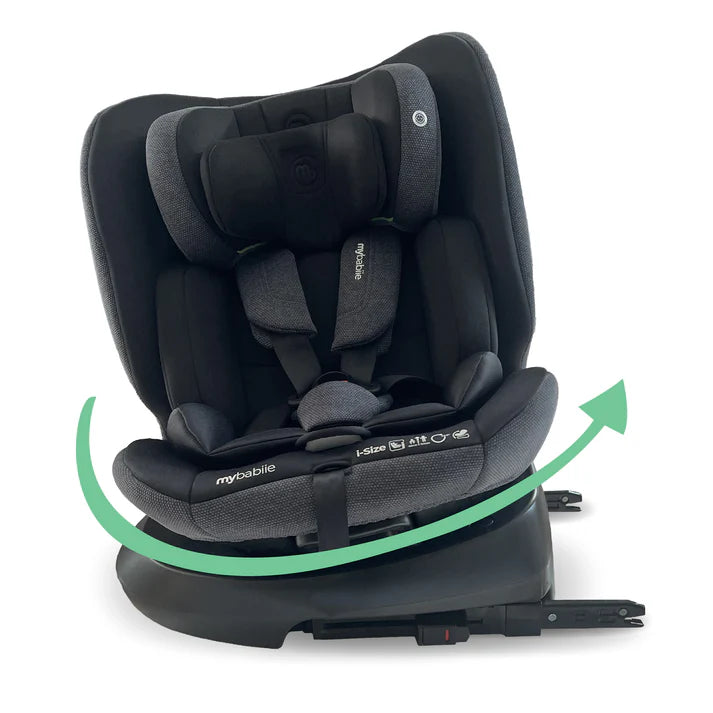 Mybabiie mbcs200 spin r129 convertible car seat in black and gray fabric with adjustable headrest and top tether