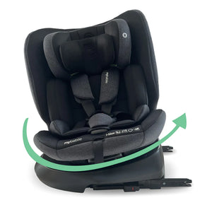 Mybabiie mbcs200 spin r129 convertible car seat in black and gray fabric with adjustable headrest and top tether