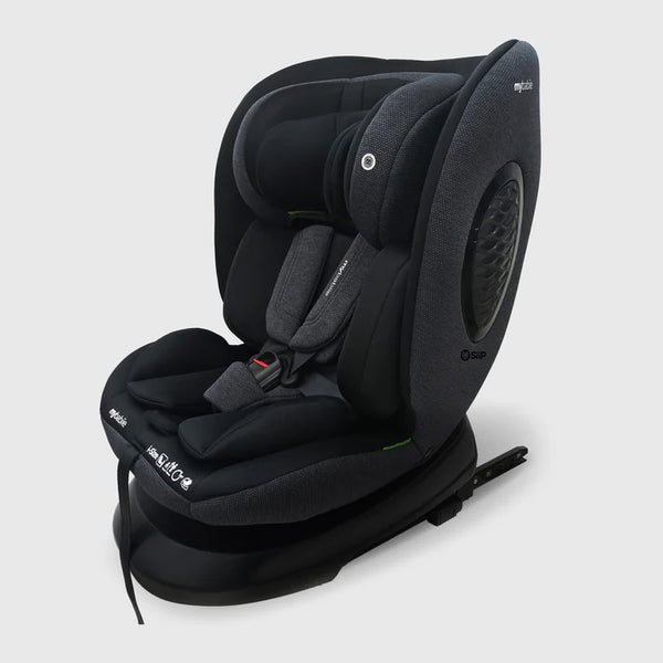 My Babiie MBCS200 spin R129 convertible car seat in black dark gray textured fabric with top tether and modern design