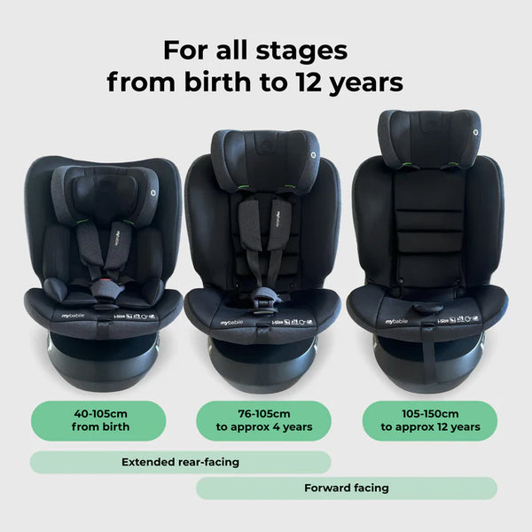 Black mybabiie mbcs200 spin r129 convertible car seat with top tether designed for infants to 12 year olds