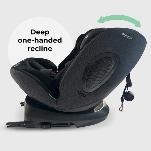 Black mybabiie mbcs200 spin r129 car seat with top tether featuring textured fabric and integrated headrest design