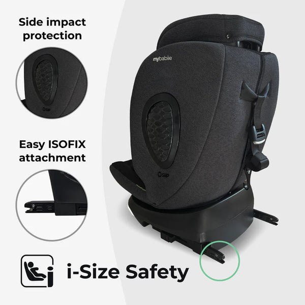 Black mybabiie mbcs200 spin r129 convertible car seat with textured fabric and padded headrest for child safety