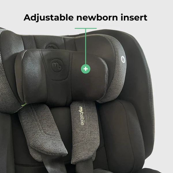 My Babiie MBCS200 spin R129 convertible car seat in black textured fabric with adjustable newborn insert and top tether