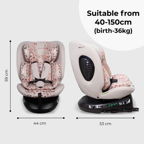 My Babiie MBCS200 spin R129 car seat in pink and white leopard print with black base and top tether for infants