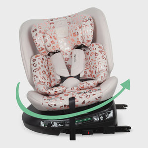 A stylish rose gold and white leopard-print my babiie mbcs200 spin r129 convertible car seat with top tether