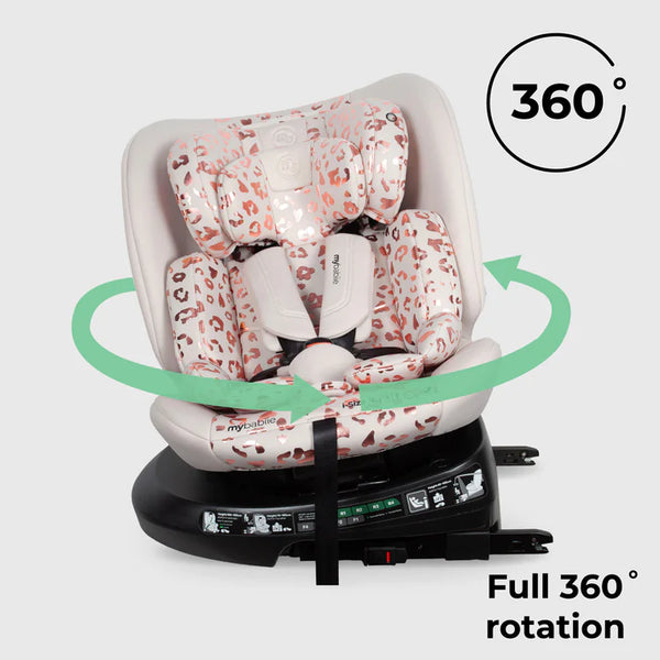 My Babiie MBCS200 spin R129 convertible car seat in pink and white leopard print with a modern sleek design