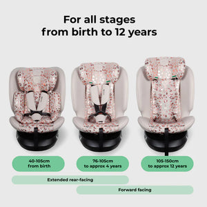 Pink floral-patterned my babiie mbcs200 spin r129 convertible car seat with beige accents and black base for children