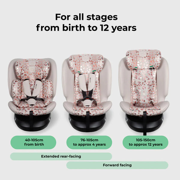 Pink floral-patterned my babiie mbcs200 spin r129 convertible car seat with beige accents and black base for children