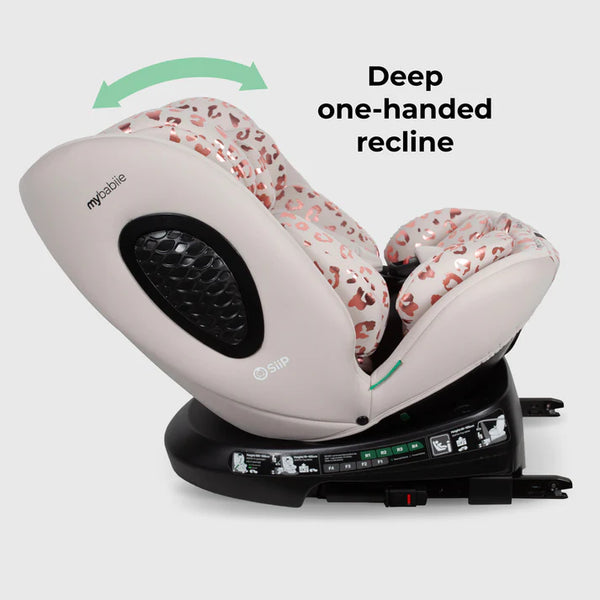 My Babiie MBCS200 Spin R129 pink leopard convertible car seat with blush fabric rose gold leopard print and black mesh sides