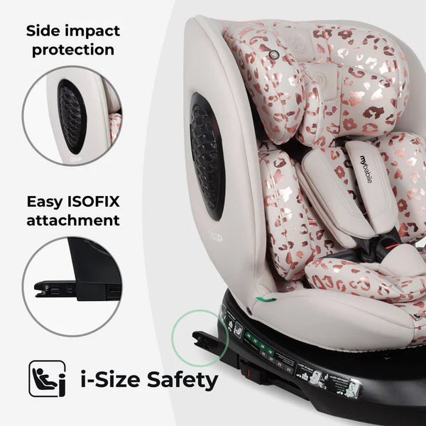 A stylish white and rose gold leopard-print My Babiie MBCS200 spin R129 convertible car seat with top tether