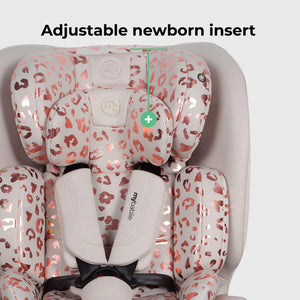 Mybabiie mbcs200 spin r129 car seat with adjustable soft white fabric newborn insert featuring rose gold leopard print