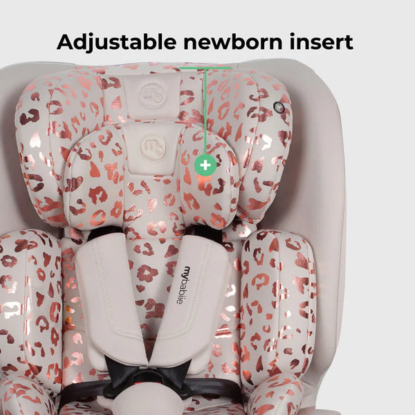 Mybabiie mbcs200 spin r129 car seat with adjustable soft white fabric newborn insert featuring rose gold leopard print