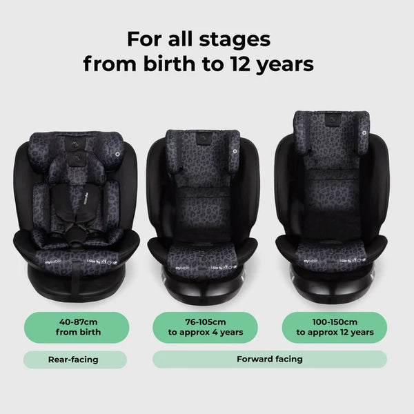 My Babiie MBCS300 Easy Spin Car Seat with Top Teather in Black Leopard – Grows from Newborn to 12 Years