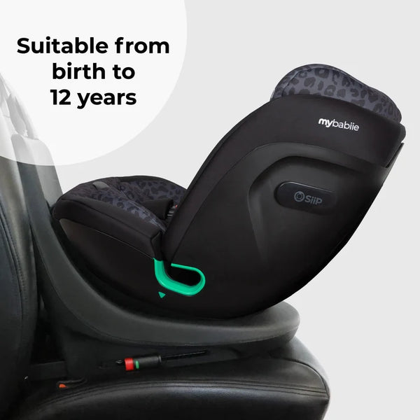 My Babiie MBCS300 Easy Spin Car Seat with Top Teather in Black Leopard – Grows from Newborn to 12 Years