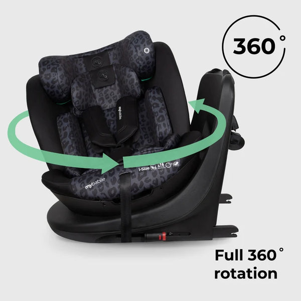 My Babiie MBCS300 Easy Spin Car Seat with Top Teather in Black Leopard – Grows from Newborn to 12 Years