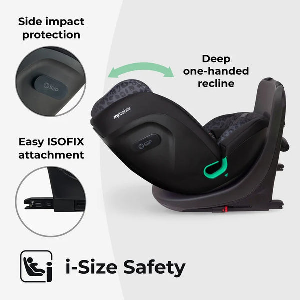 My Babiie MBCS300 Easy Spin Car Seat with Top Teather in Black Leopard – Grows from Newborn to 12 Years