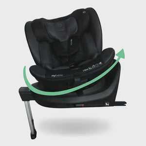 Black mybabiie mbcs400 spin r129 convertible car seat with sleek design and adjustable harness system with support leg