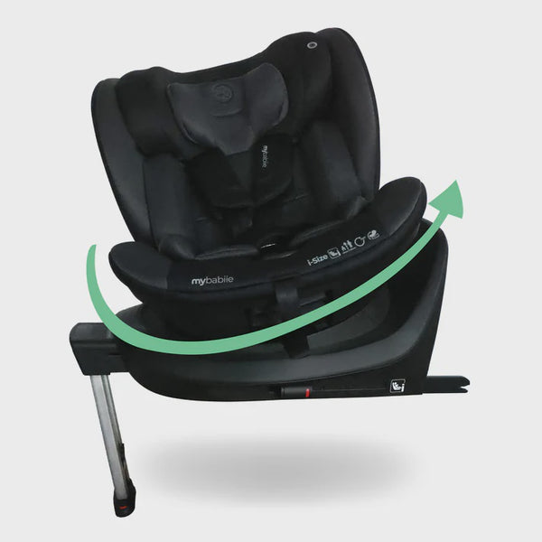 Black mybabiie mbcs400 spin r129 convertible car seat with sleek design and adjustable harness system with support leg