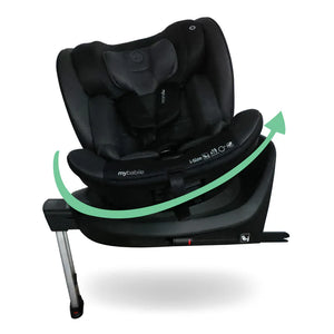 Black mybabie mbcs400 spin r129 convertible car seat with support leg and adjustable harness system in sleek modern design