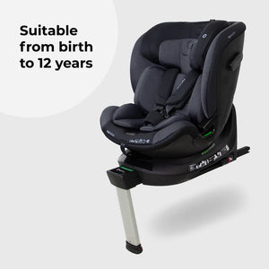 Black and gray My Babiie MBCS400 Spin R129 convertible car seat with support leg and sleek modern design
