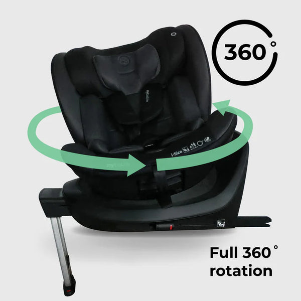 Black my babiie mbcs400 spin r129 convertible car seat with sleek design and full 360-degree rotation capability