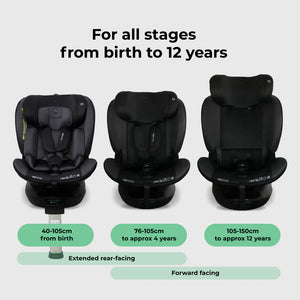 Black mybabiie mbcs400 spin r129 convertible car seat with support leg designed for children birth to 12 years
