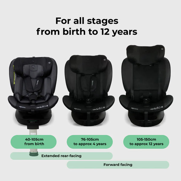 Black mybabiie mbcs400 spin r129 convertible car seat with support leg designed for children birth to 12 years