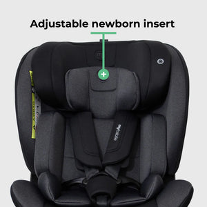 Black mybabie convertible car seat with adjustable newborn insert and support leg for safe infant travel