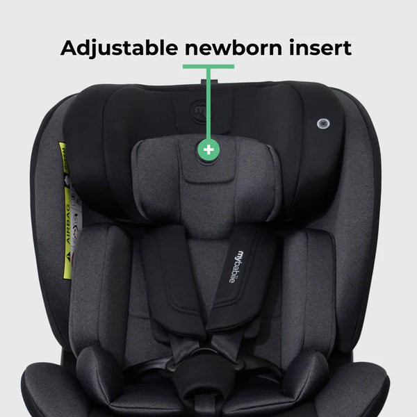 Black mybabie convertible car seat with adjustable newborn insert and support leg for safe infant travel