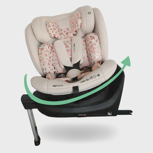 Cream-colored mybabie infant car seat with pink leopard print accents and black base featuring support leg