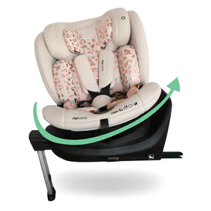 Cream-colored mybabie infant car seat with pink leopard print accents, black base, and support leg for safety