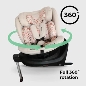 Cream-colored mybabie infant car seat with pink leopard print cushions and black base featuring support leg