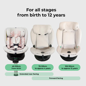 My Babiie MBCS400 spin R129 three-stage convertible car seat in soft cream and pink floral for infants to 12-year-olds