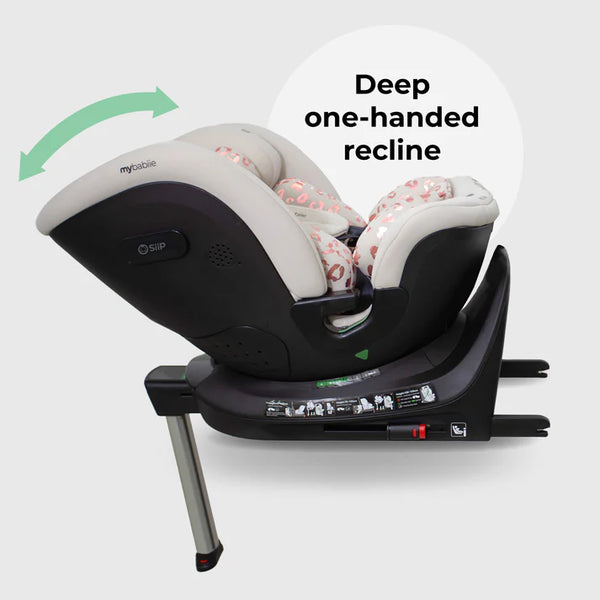 Mybabiie mbcs400 spin r129 convertible car seat with support leg black and white exterior and soft pink floral fabric
