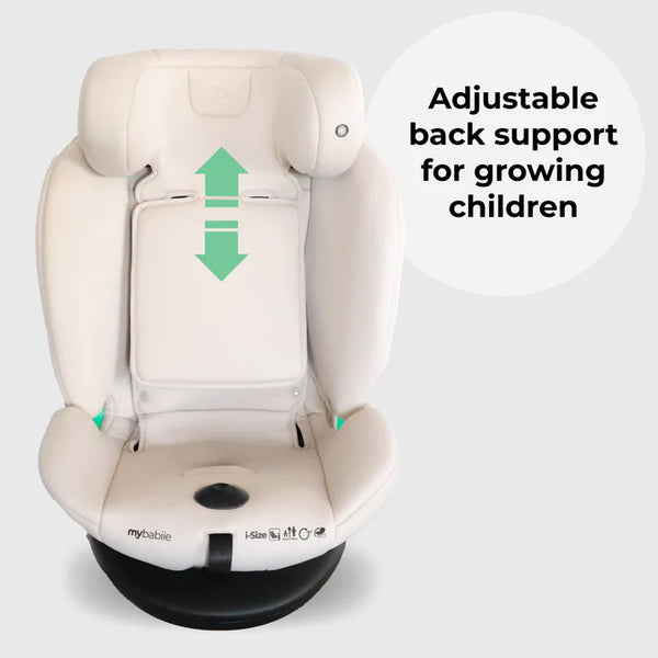 Cream-colored mybabiie mbcs400 spin r129 convertible car seat with adjustable back support and support leg for growing children