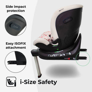 Black and white mybabiie mbcs400 spin r129 convertible car seat with pink leopard patterned cushion and support leg
