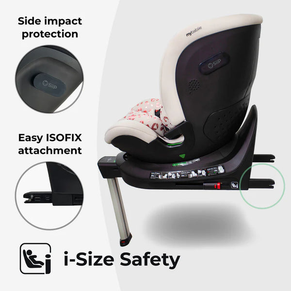 Black and white mybabiie mbcs400 spin r129 convertible car seat with pink leopard patterned cushion and support leg
